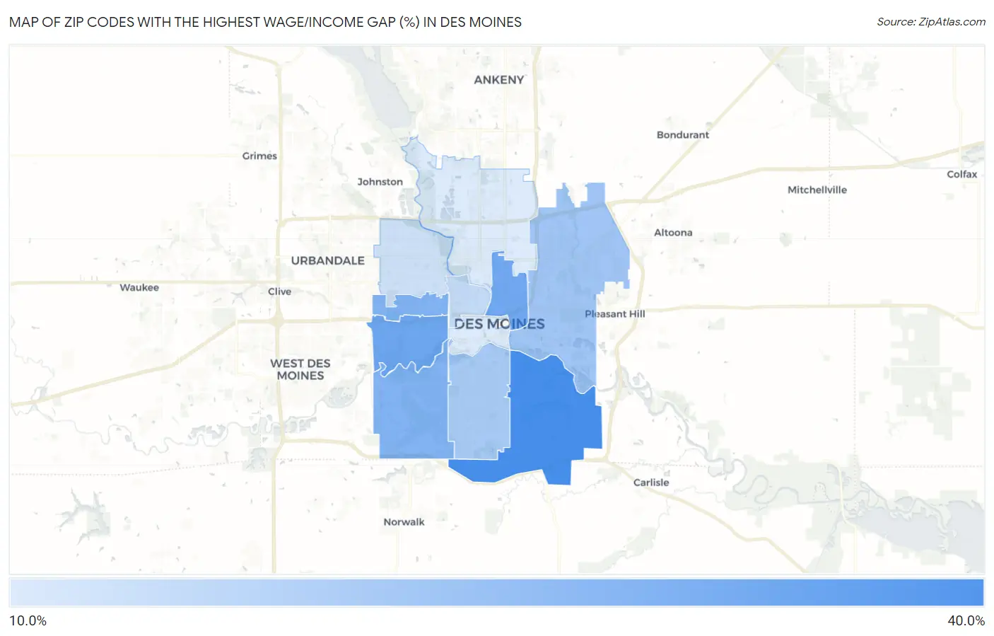Zip Codes with the Highest Wage/Income Gap (%) in Des Moines Map
