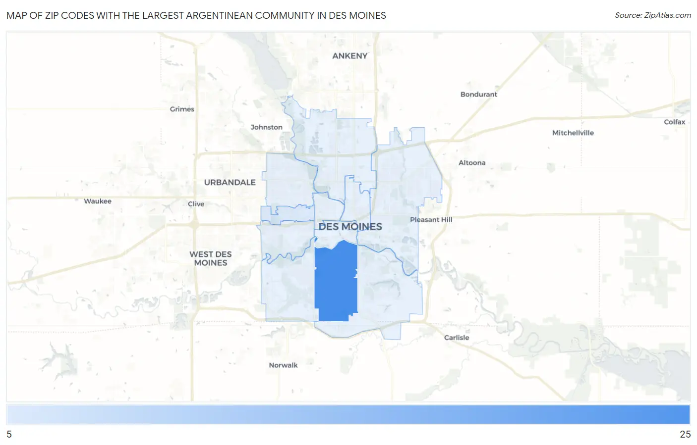 Zip Codes with the Largest Argentinean Community in Des Moines Map