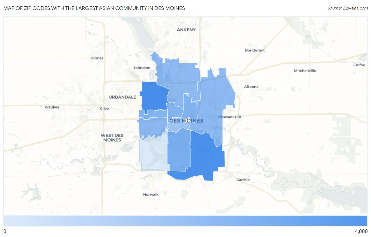 Zip Codes with the Largest Asian Community in Des Moines Map