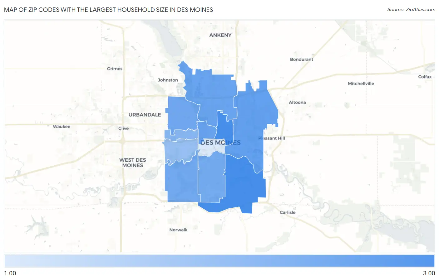 Zip Codes with the Largest Household Size in Des Moines Map