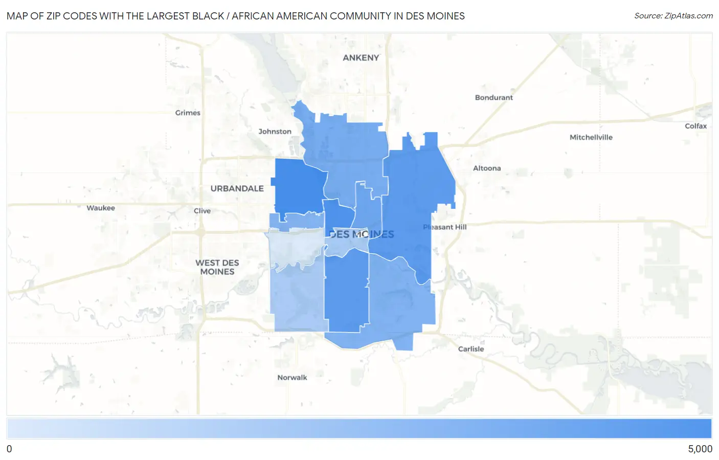 Zip Codes with the Largest Black / African American Community in Des Moines Map
