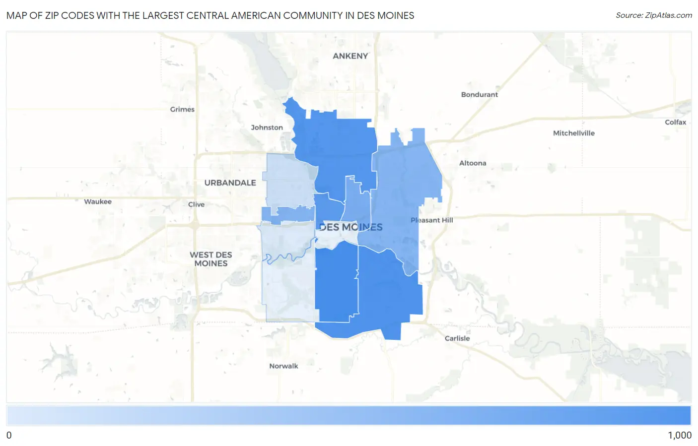 Zip Codes with the Largest Central American Community in Des Moines Map