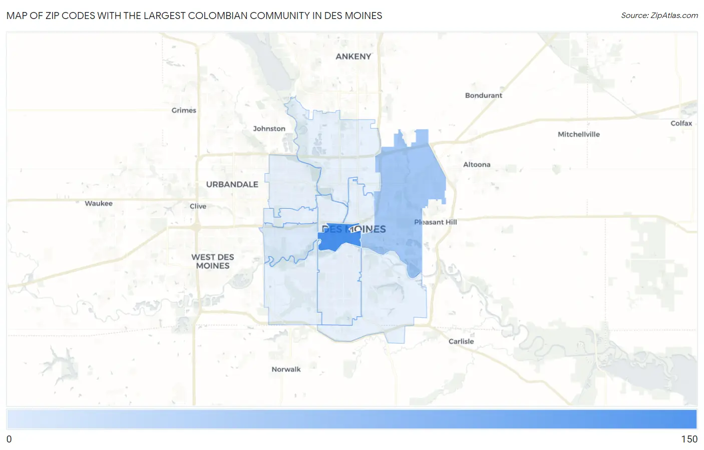 Zip Codes with the Largest Colombian Community in Des Moines Map