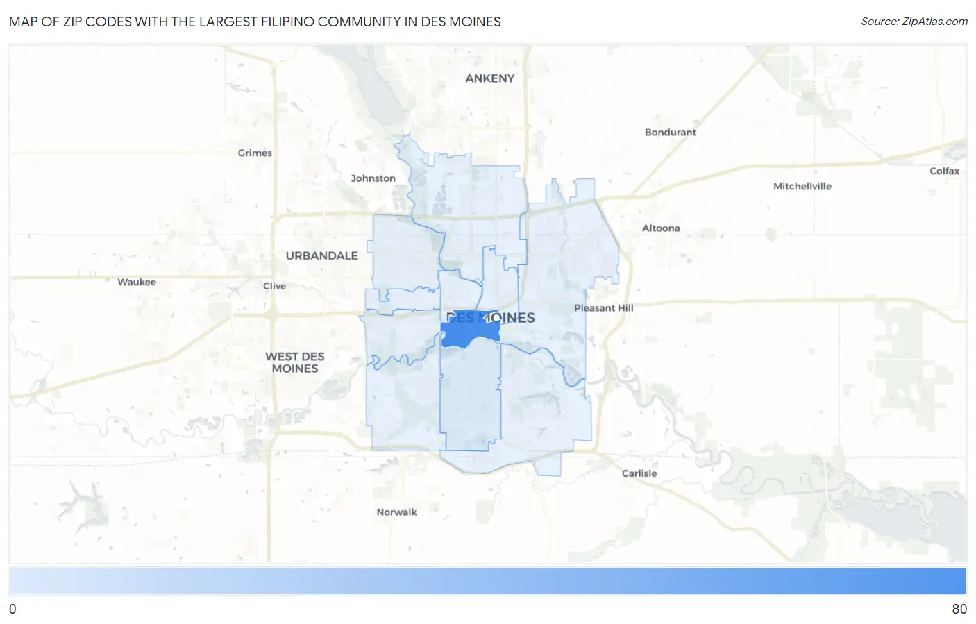 Zip Codes with the Largest Filipino Community in Des Moines Map