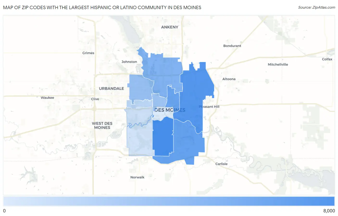 Zip Codes with the Largest Hispanic or Latino Community in Des Moines Map
