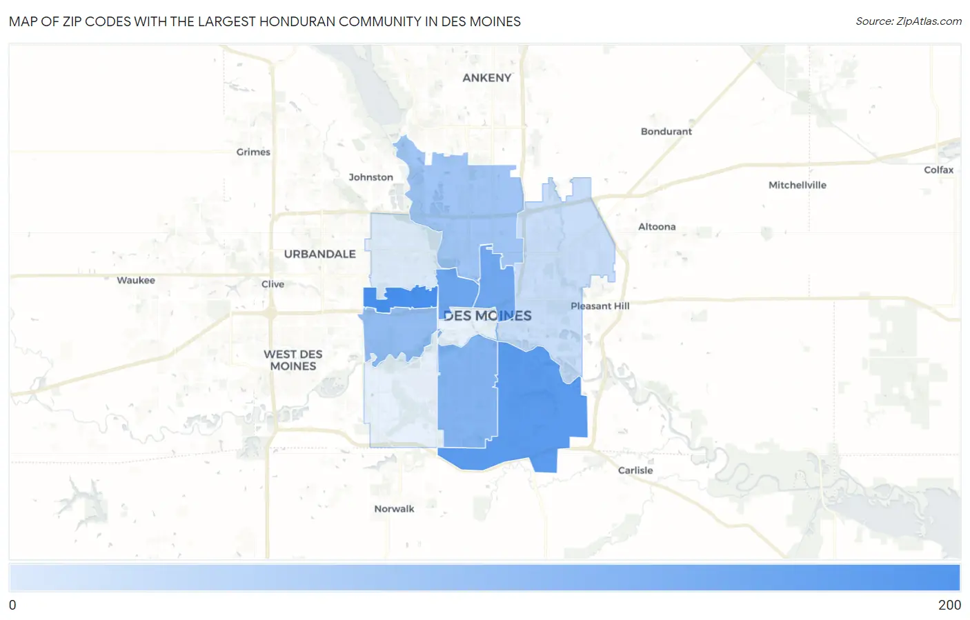 Zip Codes with the Largest Honduran Community in Des Moines Map