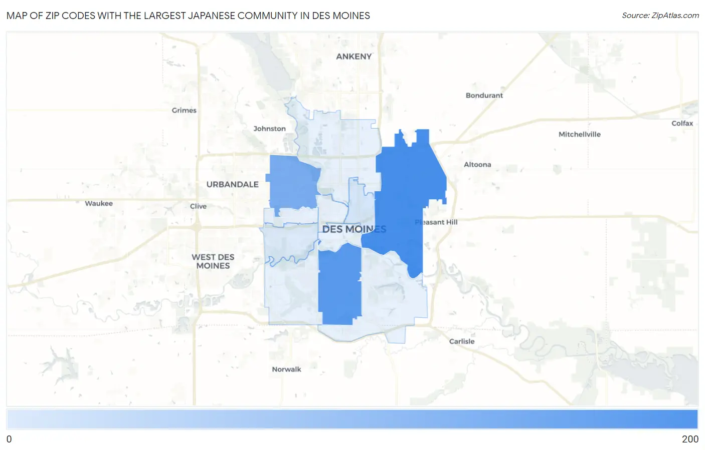 Zip Codes with the Largest Japanese Community in Des Moines Map