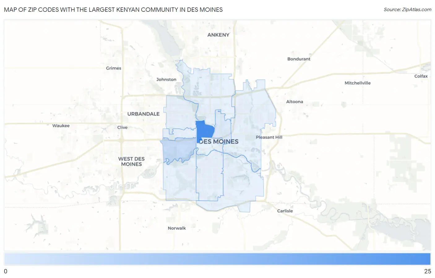 Zip Codes with the Largest Kenyan Community in Des Moines Map