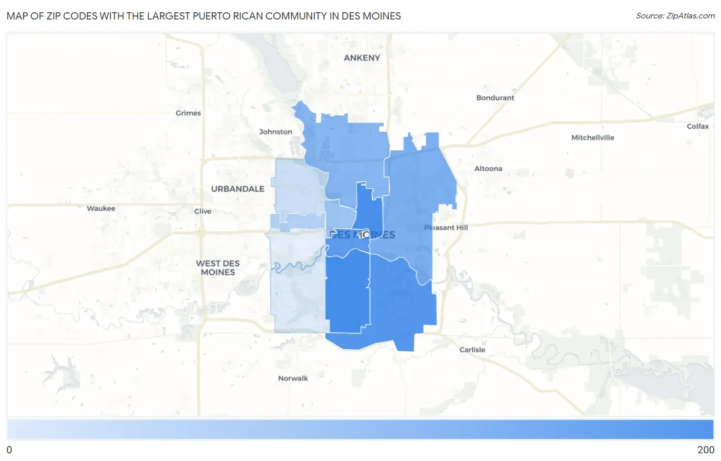 Zip Codes with the Largest Puerto Rican Community in Des Moines Map