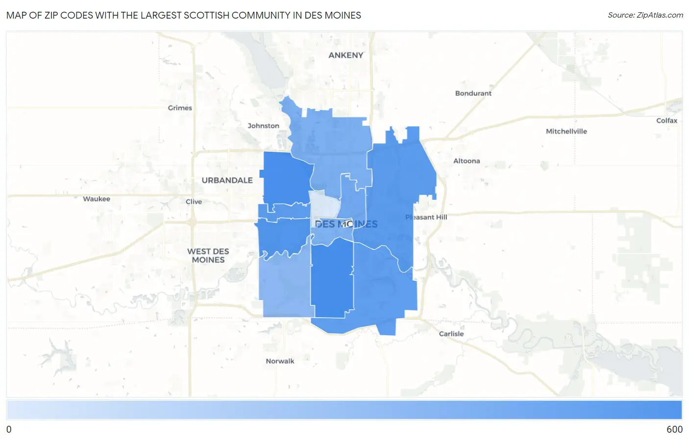 Zip Codes with the Largest Scottish Community in Des Moines Map