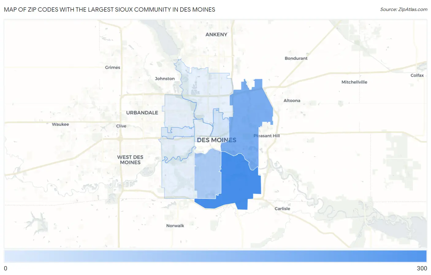 Zip Codes with the Largest Sioux Community in Des Moines Map