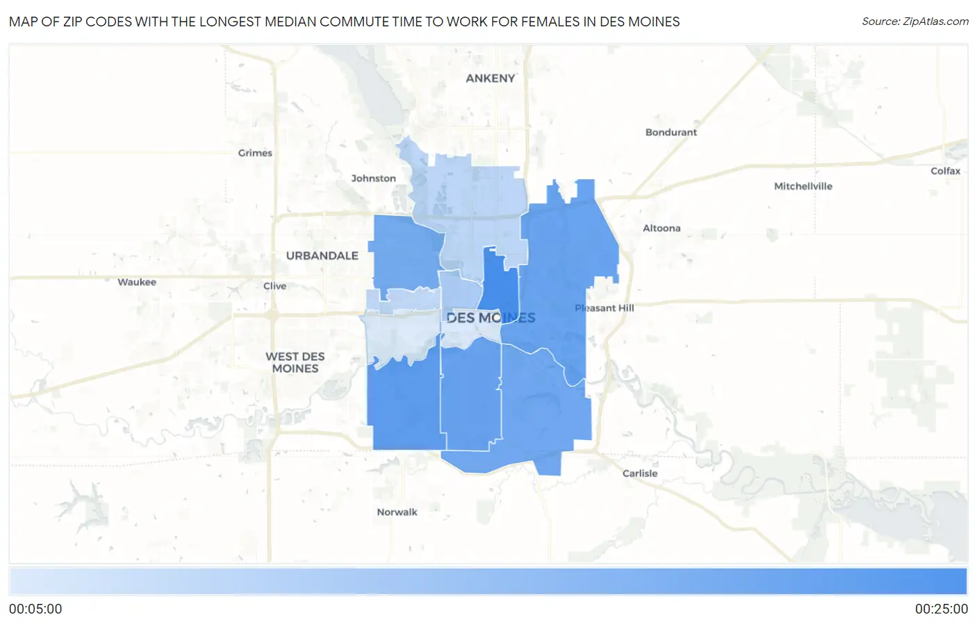 Zip Codes with the Longest Median Commute Time to Work for Females in Des Moines Map