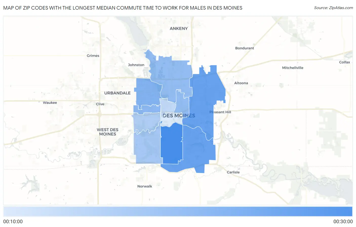 Zip Codes with the Longest Median Commute Time to Work for Males in Des Moines Map