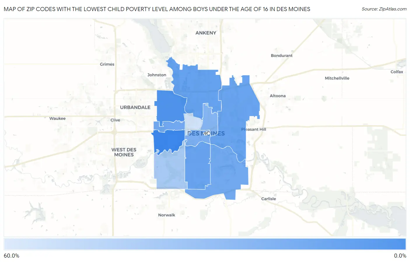 Zip Codes with the Lowest Child Poverty Level Among Boys Under the Age of 16 in Des Moines Map