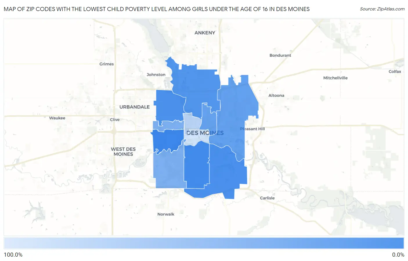 Zip Codes with the Lowest Child Poverty Level Among Girls Under the Age of 16 in Des Moines Map