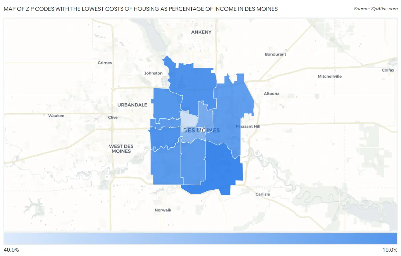 Zip Codes with the Lowest Costs of Housing as Percentage of Income in Des Moines Map