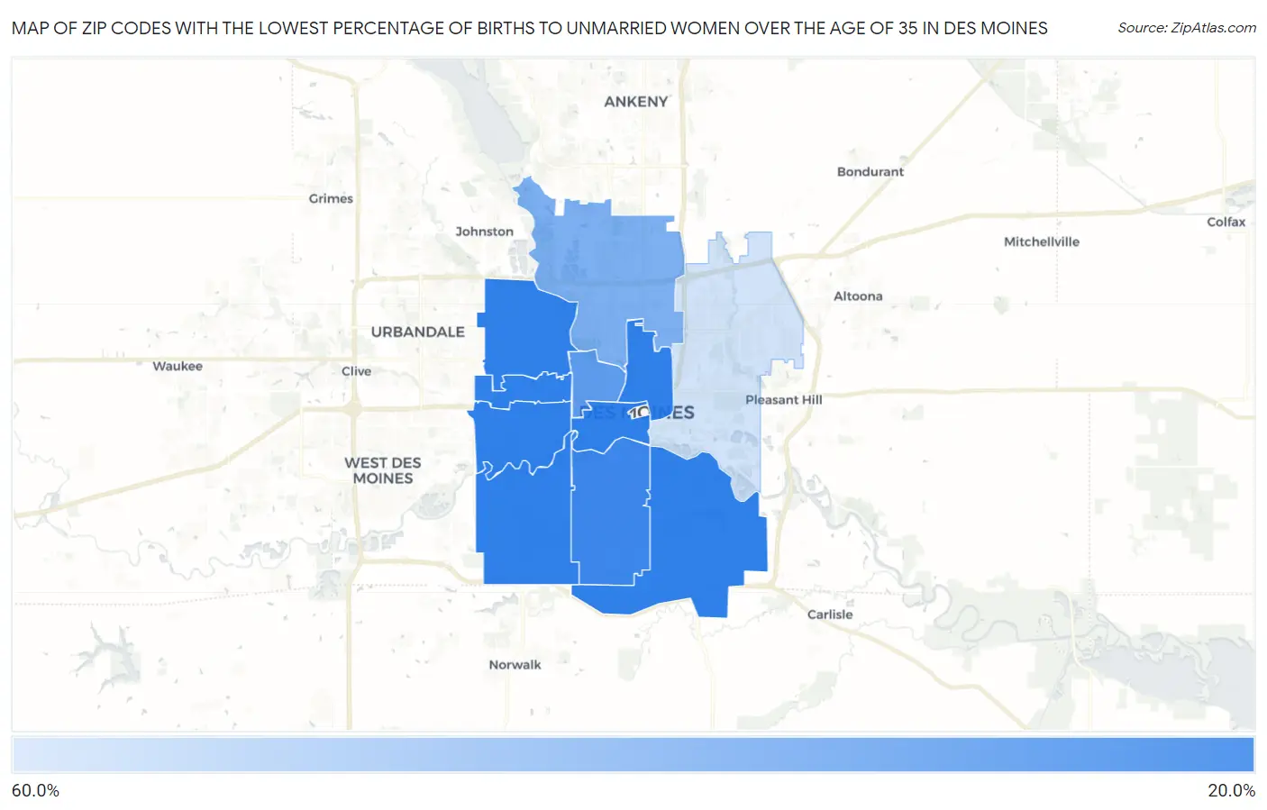 Zip Codes with the Lowest Percentage of Births to Unmarried Women over the Age of 35 in Des Moines Map