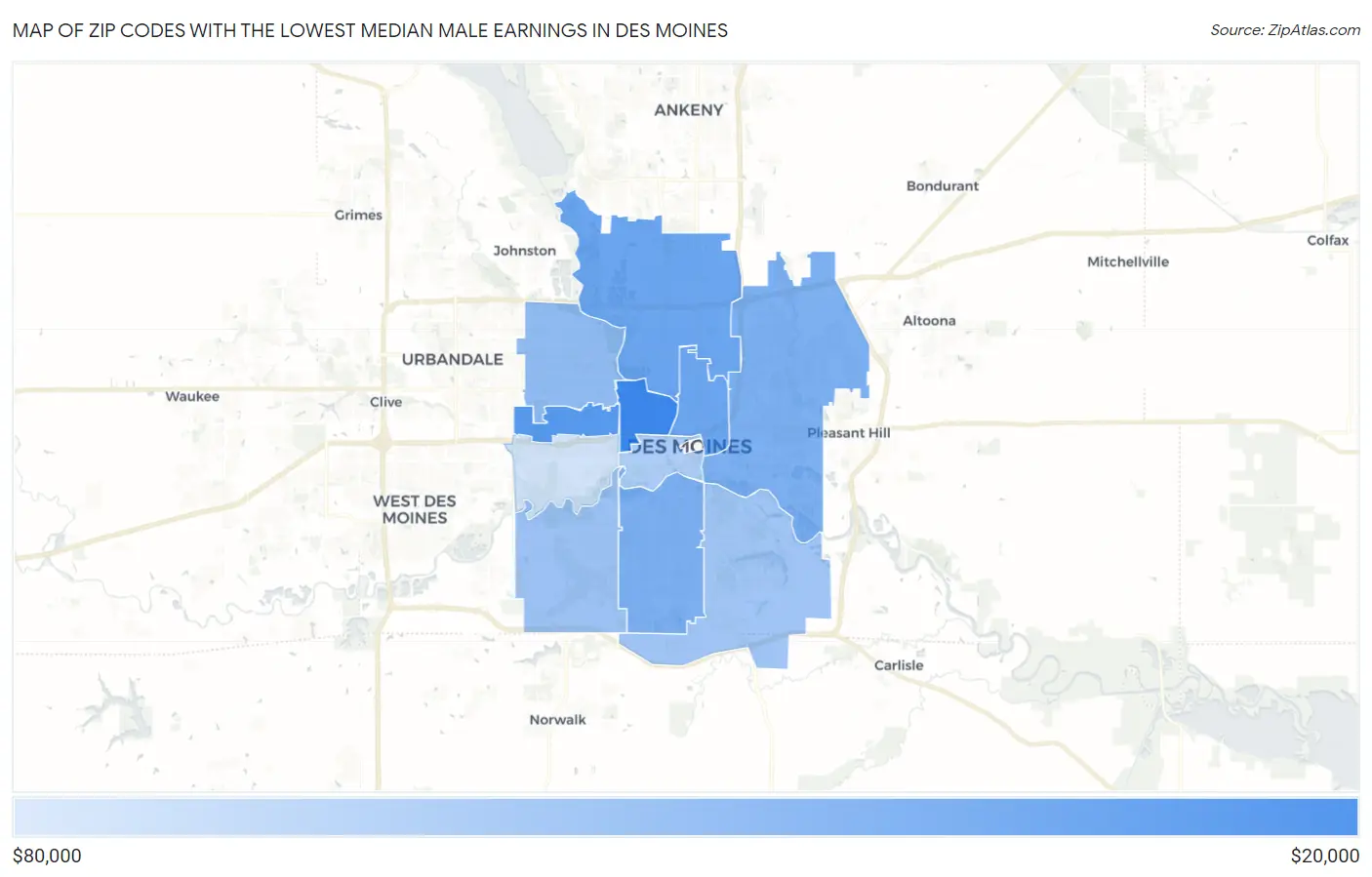Zip Codes with the Lowest Median Male Earnings in Des Moines Map