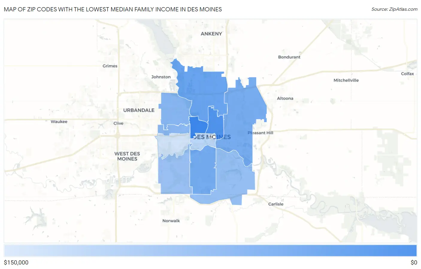 Zip Codes with the Lowest Median Family Income in Des Moines Map