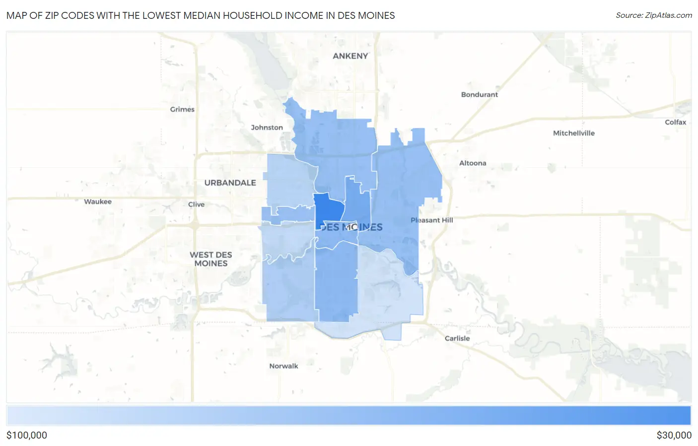 Zip Codes with the Lowest Median Household Income in Des Moines Map