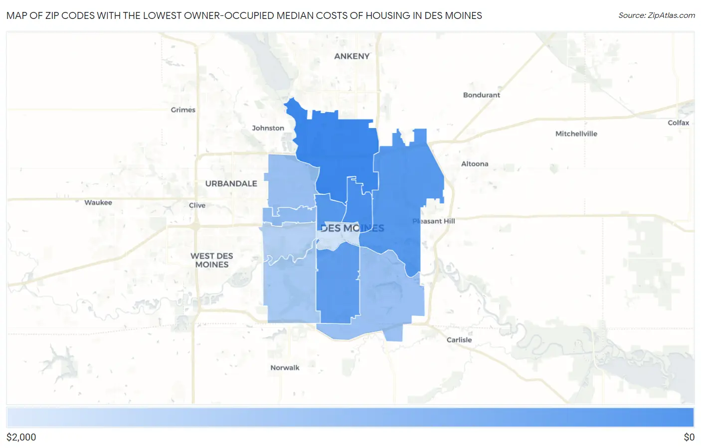Zip Codes with the Lowest Owner-Occupied Median Costs of Housing in Des Moines Map