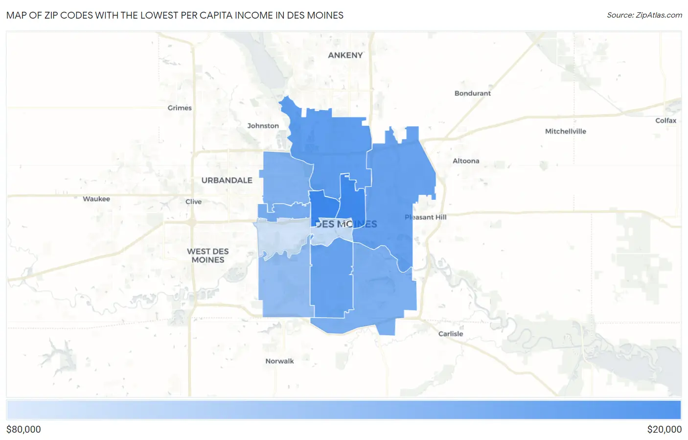 Zip Codes with the Lowest Per Capita Income in Des Moines Map