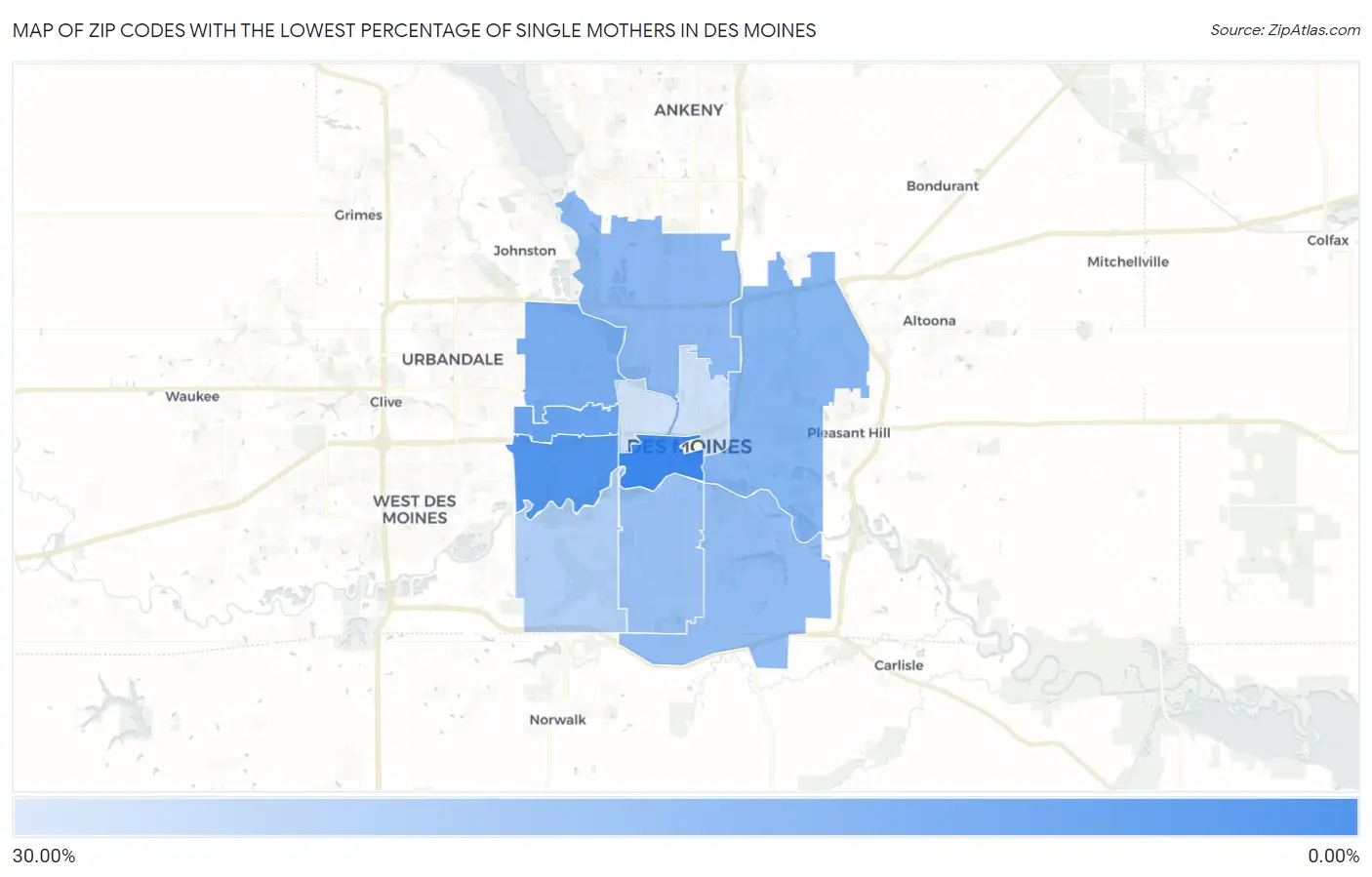 Zip Codes with the Lowest Percentage of Single Mothers in Des Moines Map