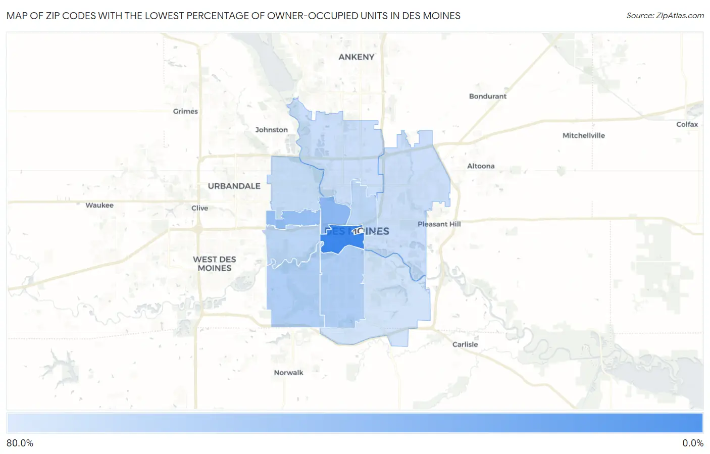 Zip Codes with the Lowest Percentage of Owner-Occupied Units in Des Moines Map