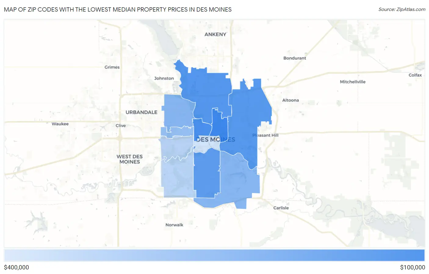 Zip Codes with the Lowest Median Property Prices in Des Moines Map