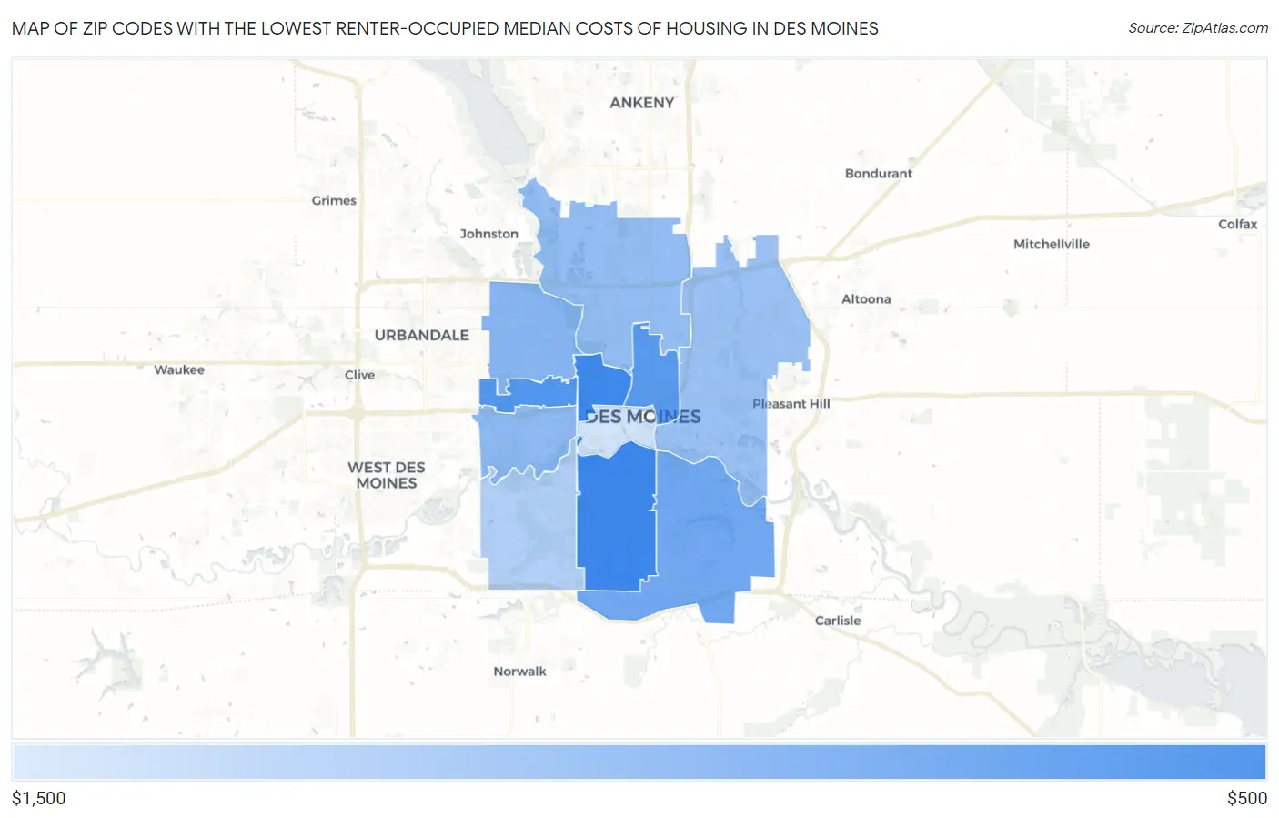 Zip Codes with the Lowest Renter-Occupied Median Costs of Housing in Des Moines Map