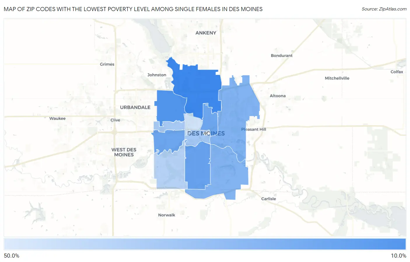 Zip Codes with the Lowest Poverty Level Among Single Females in Des Moines Map