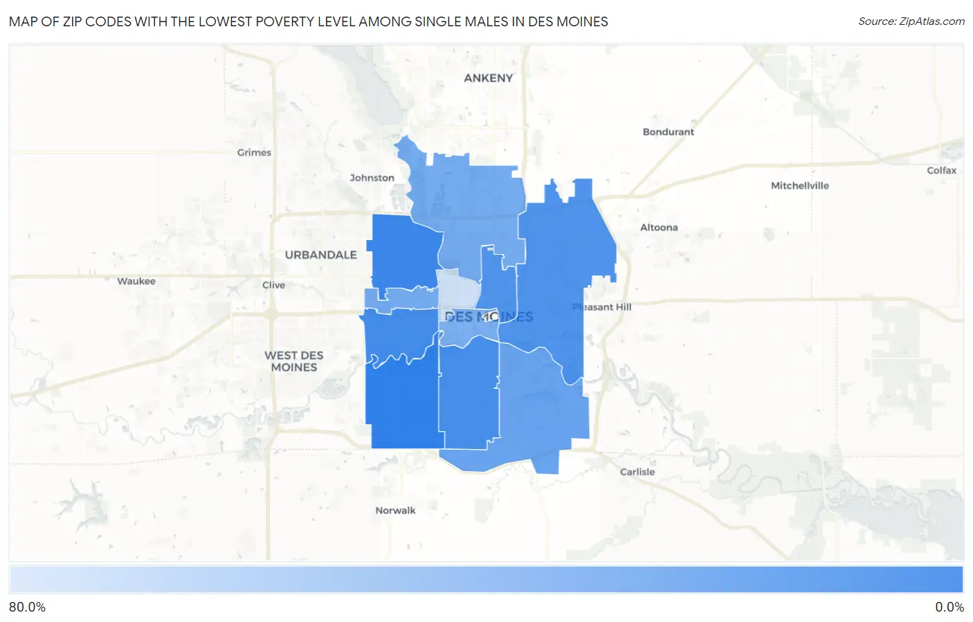 Zip Codes with the Lowest Poverty Level Among Single Males in Des Moines Map