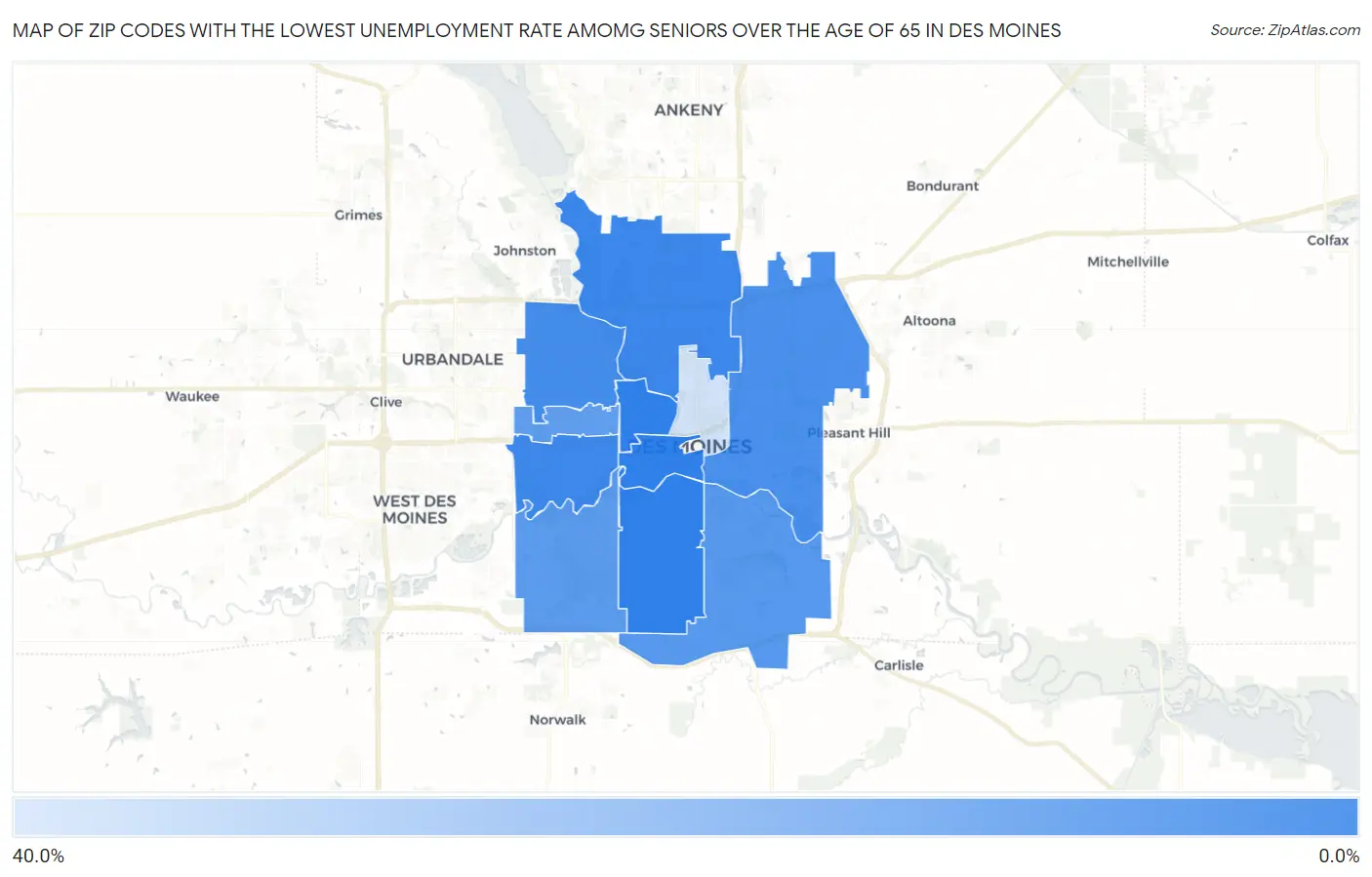 Zip Codes with the Lowest Unemployment Rate Amomg Seniors Over the Age of 65 in Des Moines Map