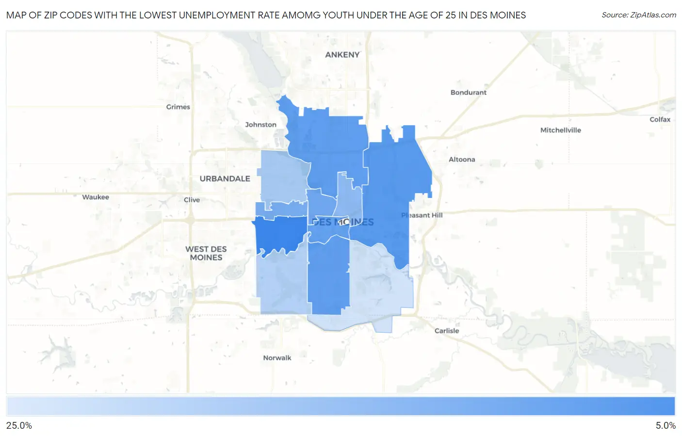 Zip Codes with the Lowest Unemployment Rate Amomg Youth Under the Age of 25 in Des Moines Map