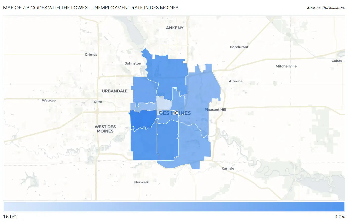 Zip Codes with the Lowest Unemployment Rate in Des Moines Map