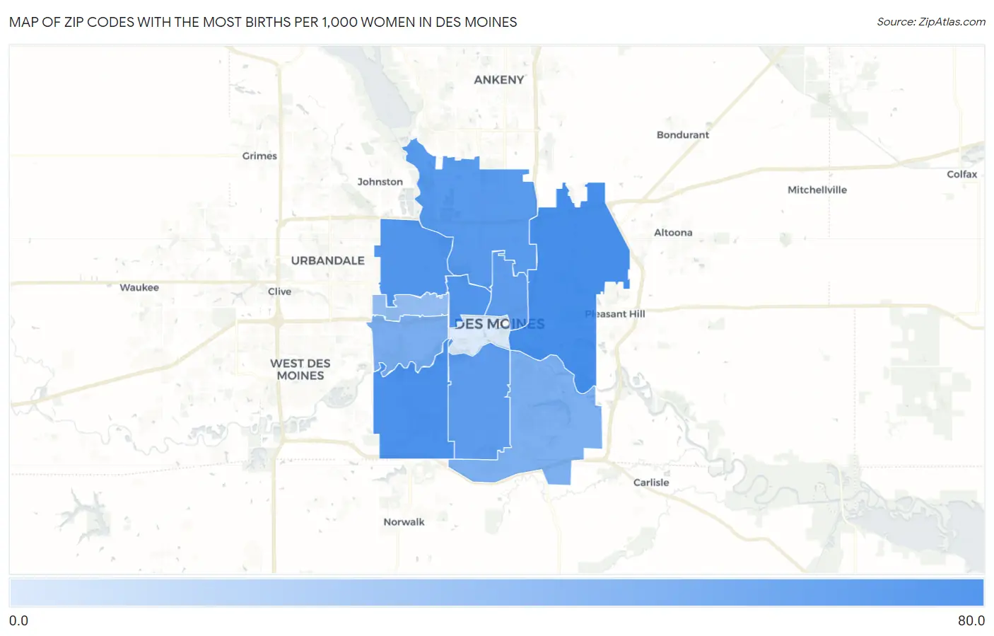 Zip Codes with the Most Births per 1,000 Women in Des Moines Map