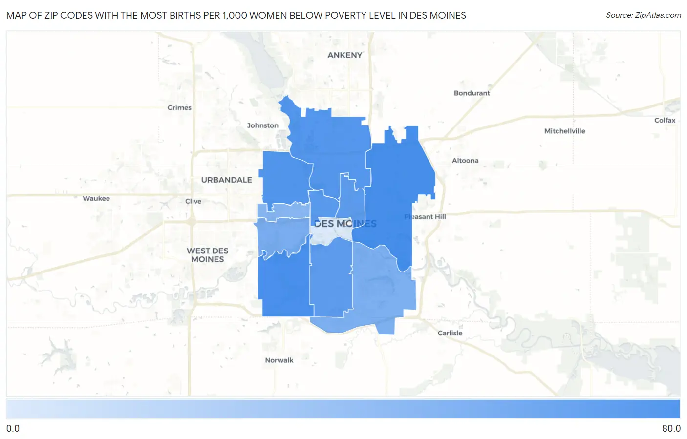 Zip Codes with the Most Births per 1,000 Women Below Poverty Level in Des Moines Map