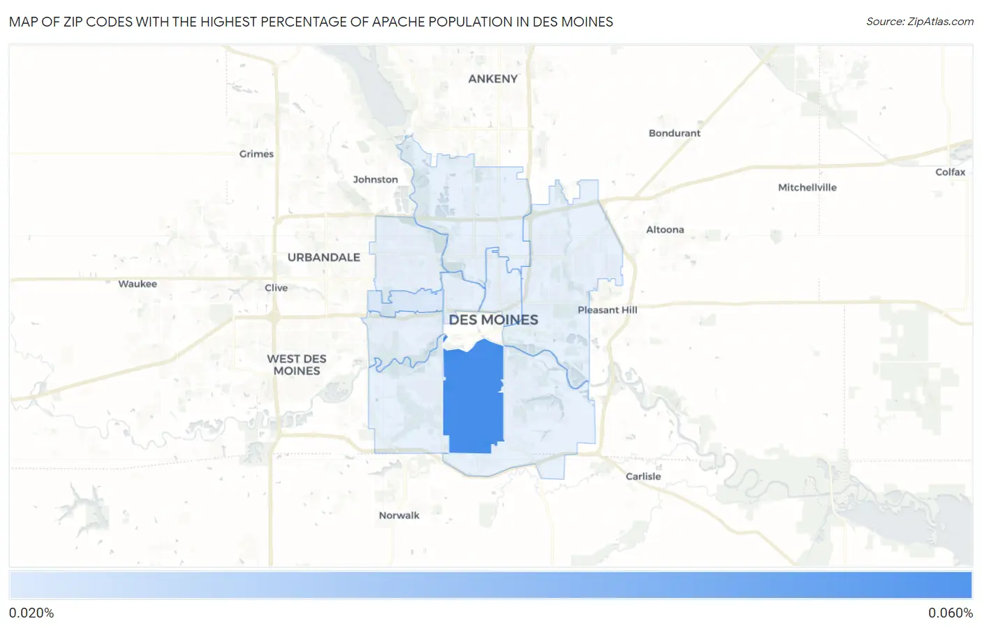 Zip Codes with the Highest Percentage of Apache Population in Des Moines Map