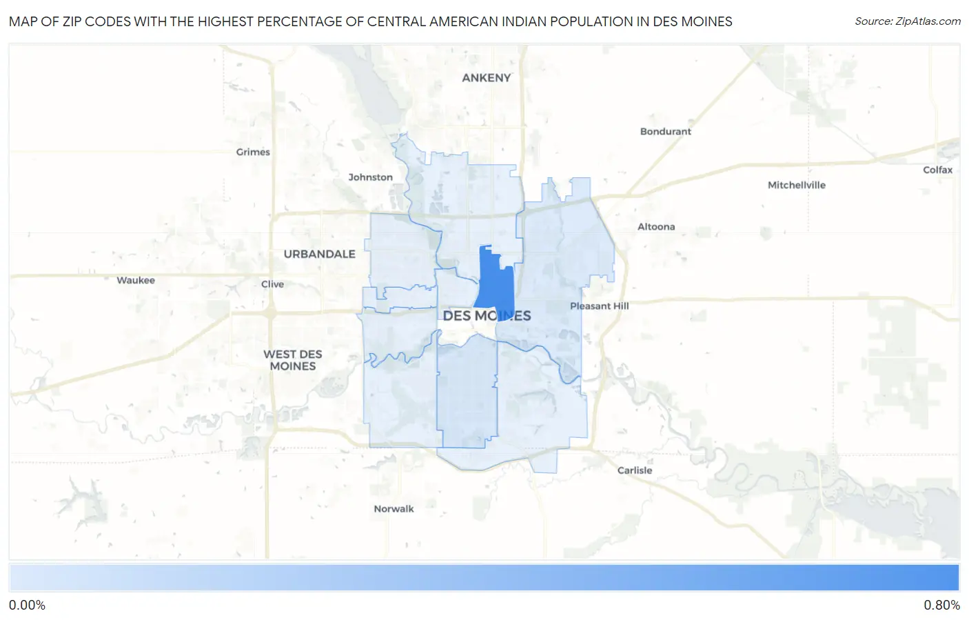 Zip Codes with the Highest Percentage of Central American Indian Population in Des Moines Map