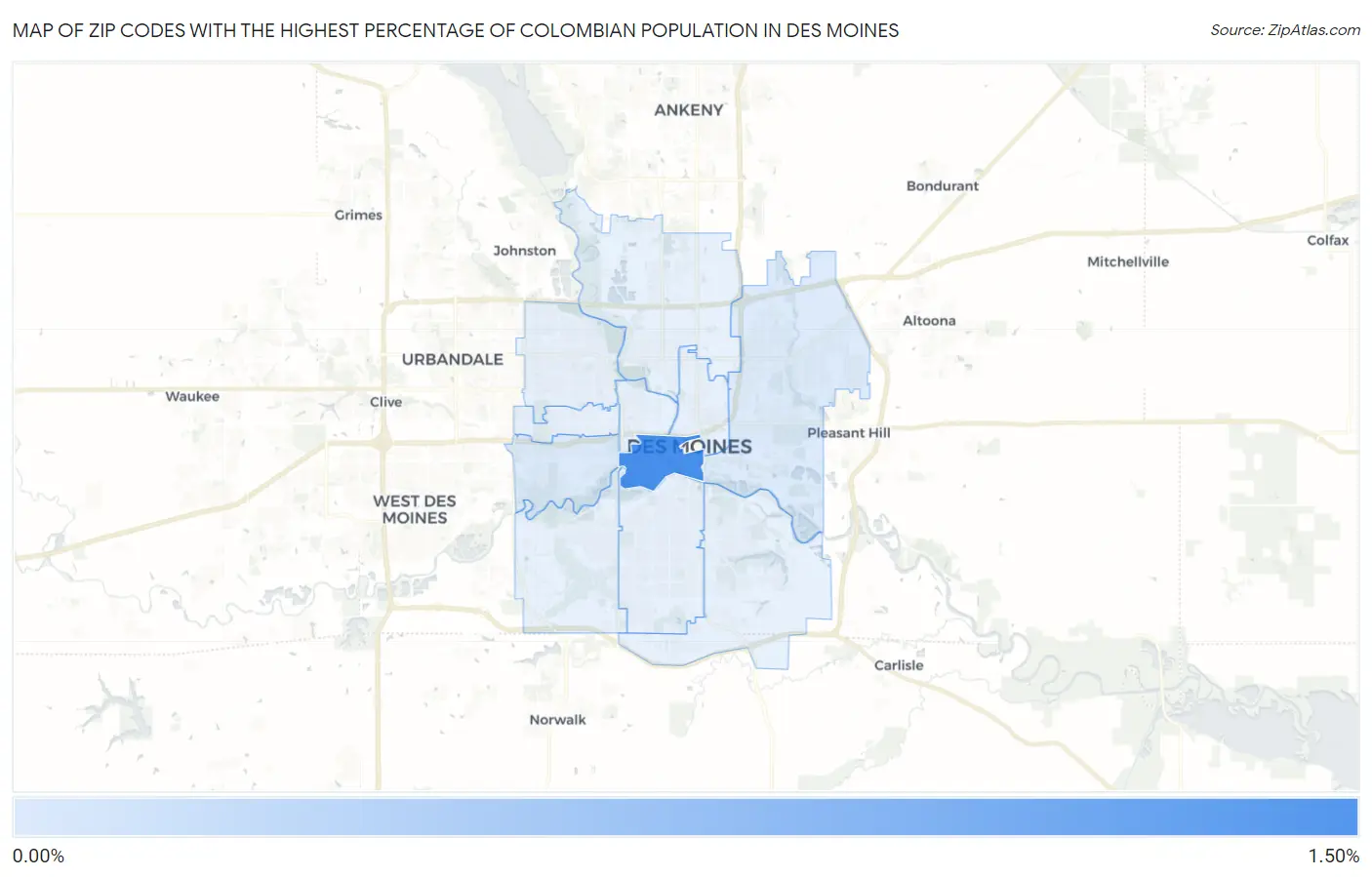 Zip Codes with the Highest Percentage of Colombian Population in Des Moines Map