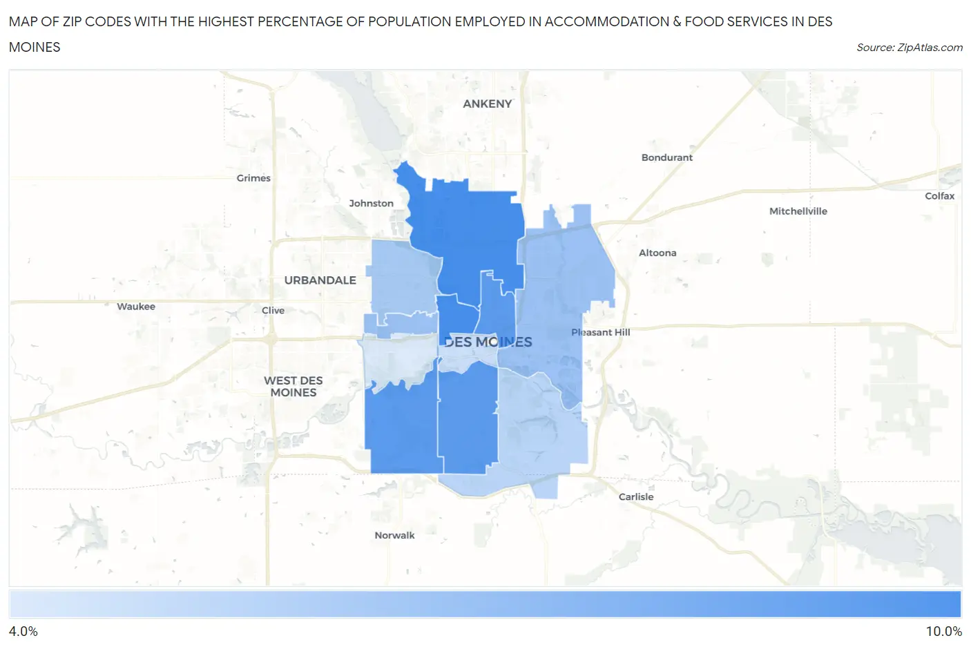 Zip Codes with the Highest Percentage of Population Employed in Accommodation & Food Services in Des Moines Map
