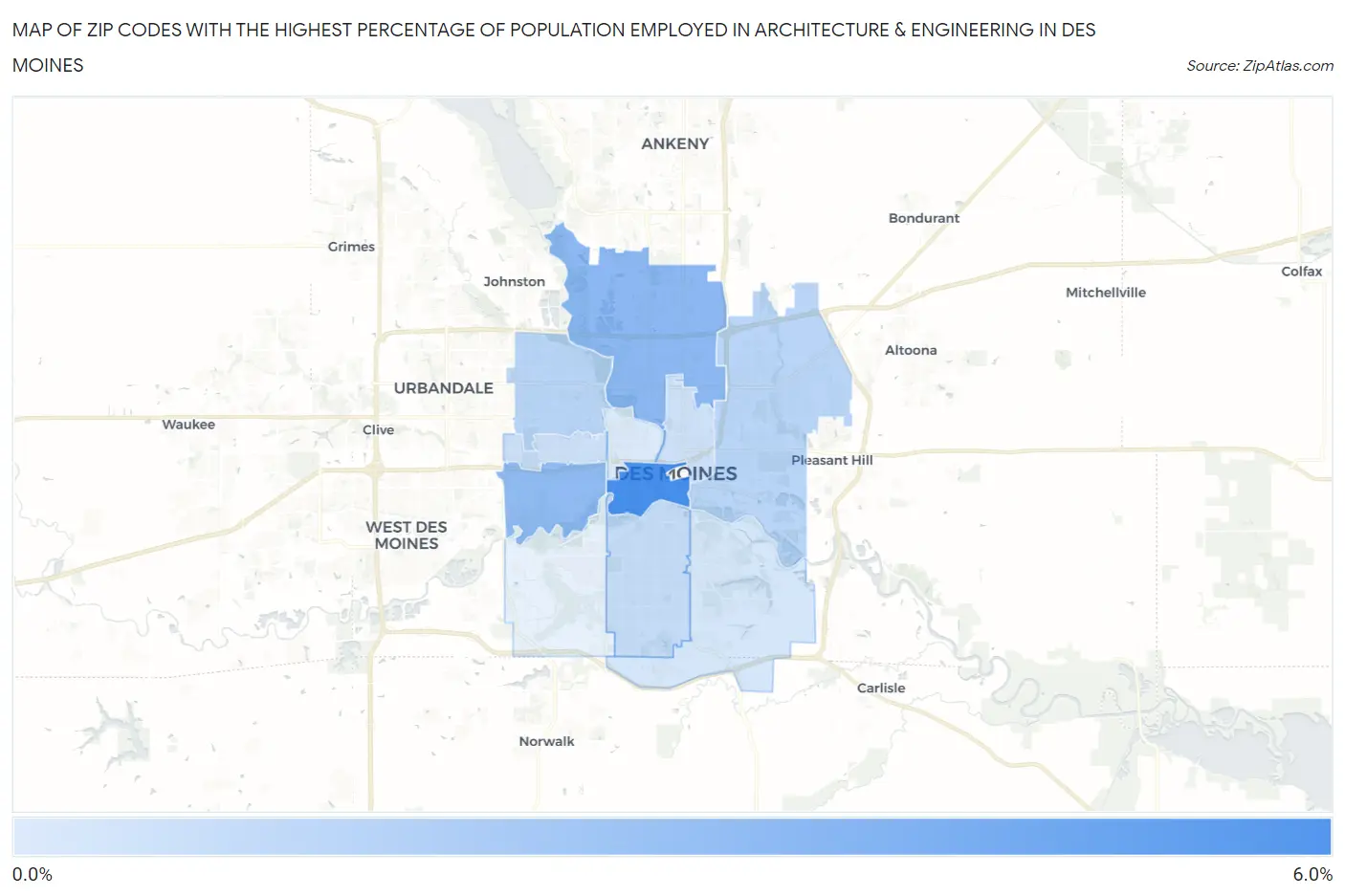 Zip Codes with the Highest Percentage of Population Employed in Architecture & Engineering in Des Moines Map