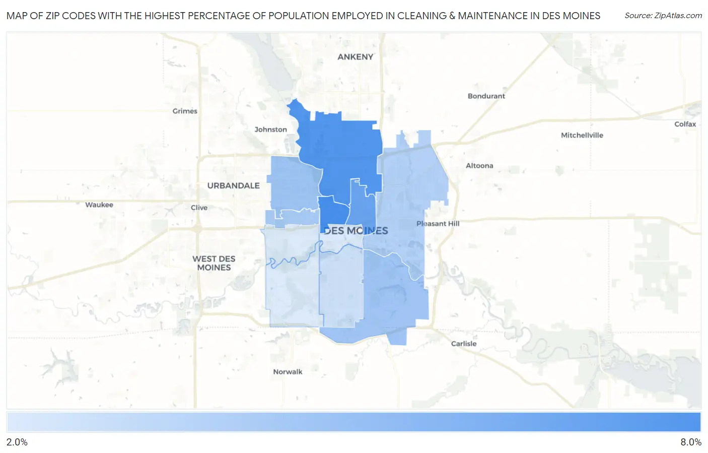 Zip Codes with the Highest Percentage of Population Employed in Cleaning & Maintenance in Des Moines Map