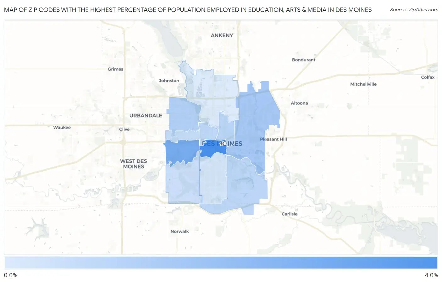 Zip Codes with the Highest Percentage of Population Employed in Education, Arts & Media in Des Moines Map