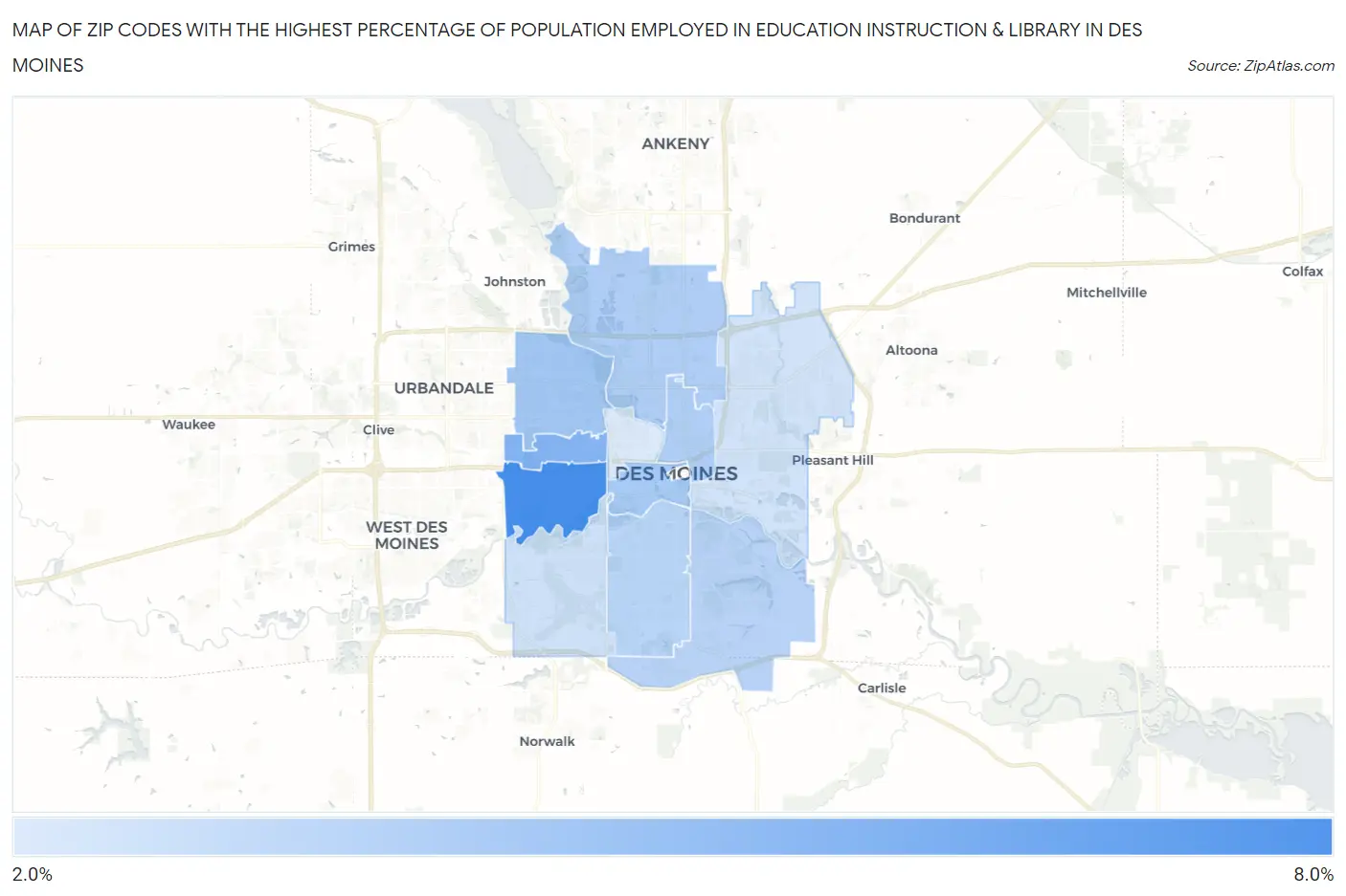 Zip Codes with the Highest Percentage of Population Employed in Education Instruction & Library in Des Moines Map