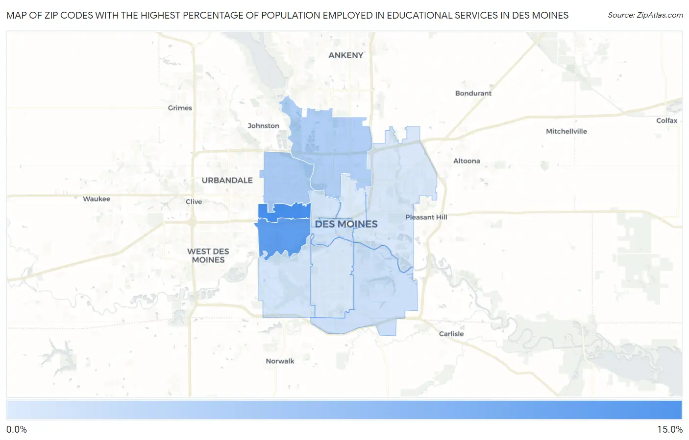 Zip Codes with the Highest Percentage of Population Employed in Educational Services in Des Moines Map