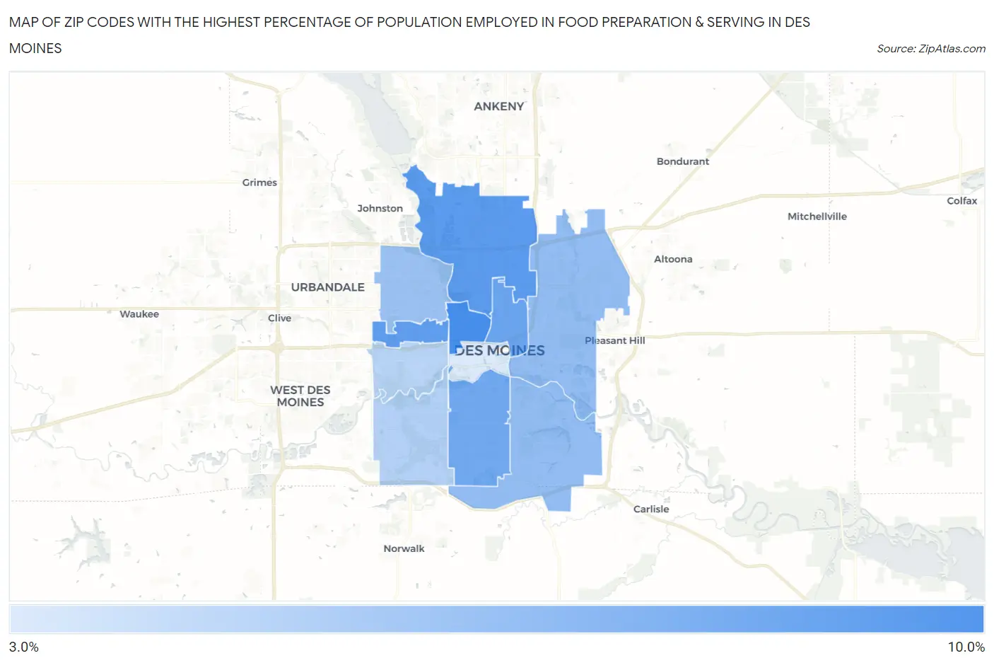Zip Codes with the Highest Percentage of Population Employed in Food Preparation & Serving in Des Moines Map