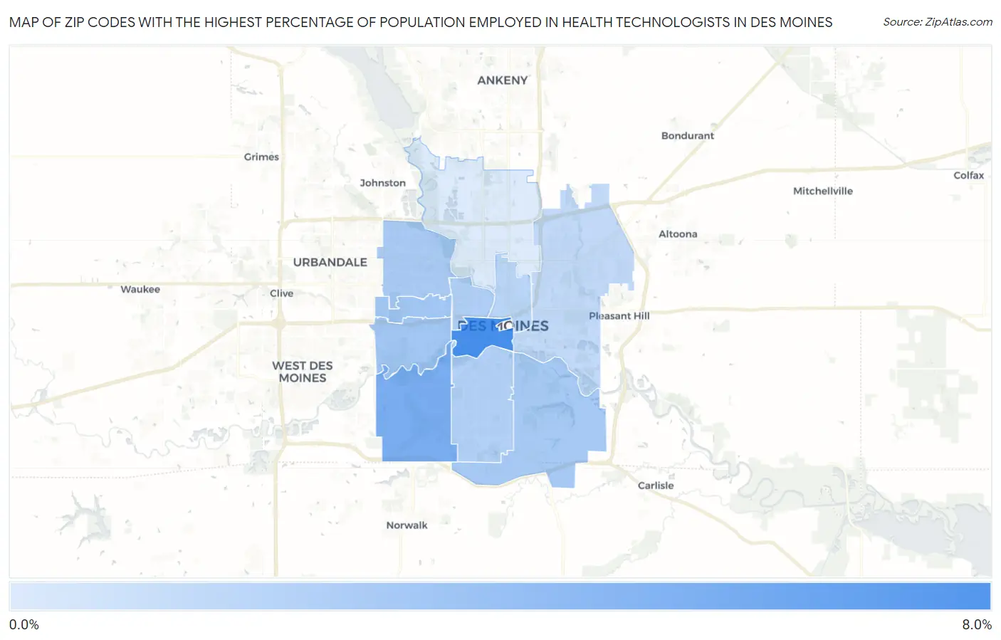 Zip Codes with the Highest Percentage of Population Employed in Health Technologists in Des Moines Map