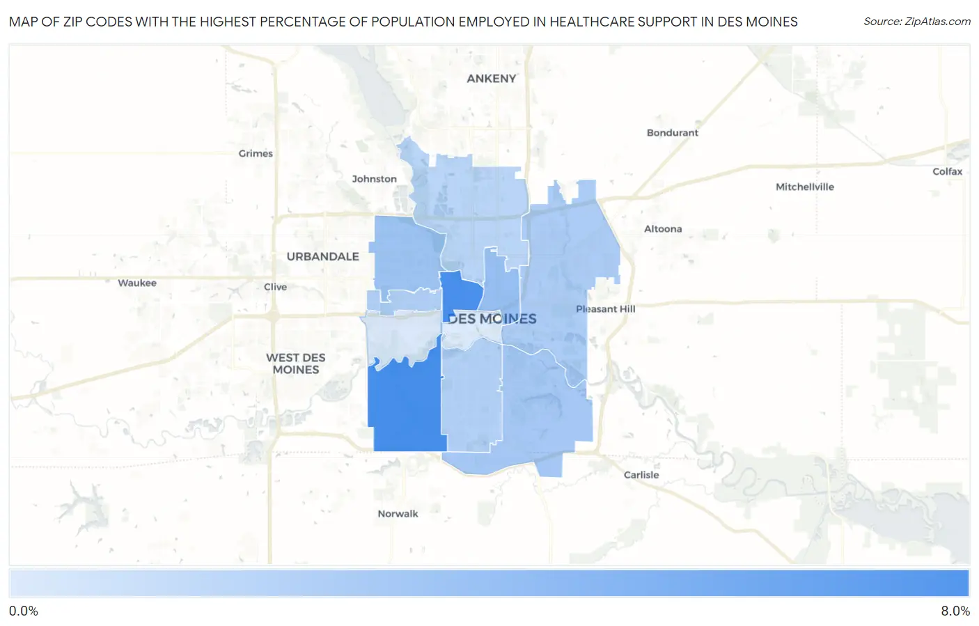 Zip Codes with the Highest Percentage of Population Employed in Healthcare Support in Des Moines Map
