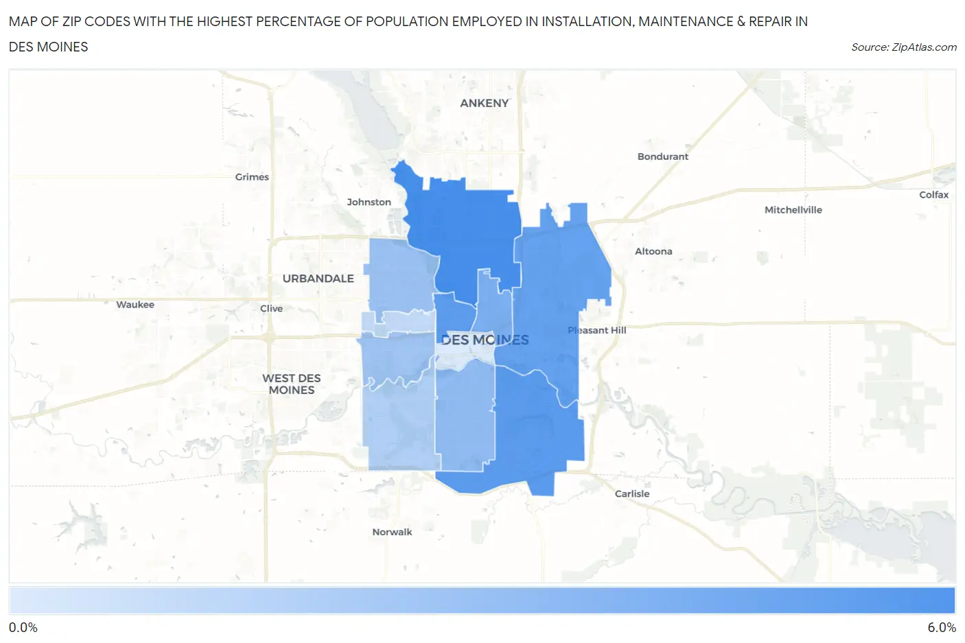 Zip Codes with the Highest Percentage of Population Employed in Installation, Maintenance & Repair in Des Moines Map